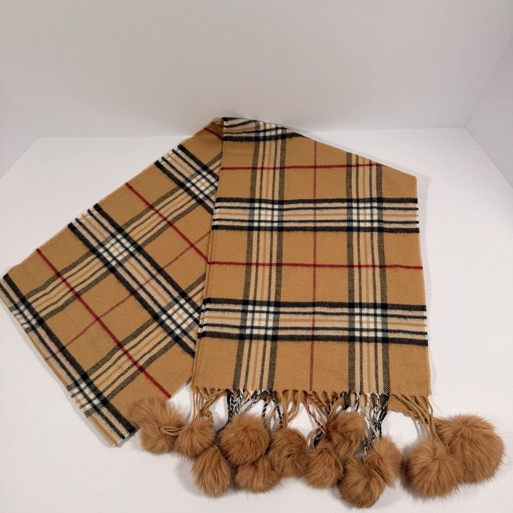 Preston & York Plaid Scarf Rabbit Fur Pom Poms Camel Black Red 62”